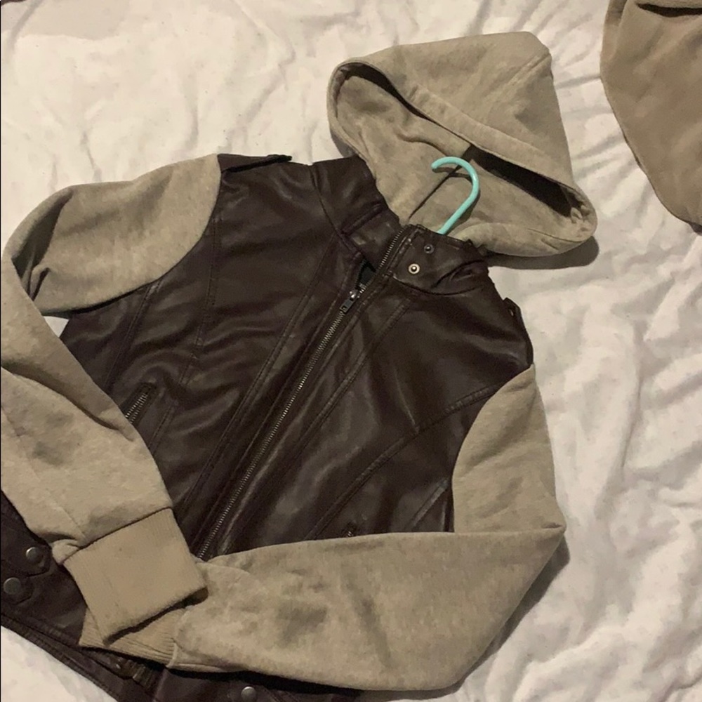 Brown leather jacket with cloth sleeves